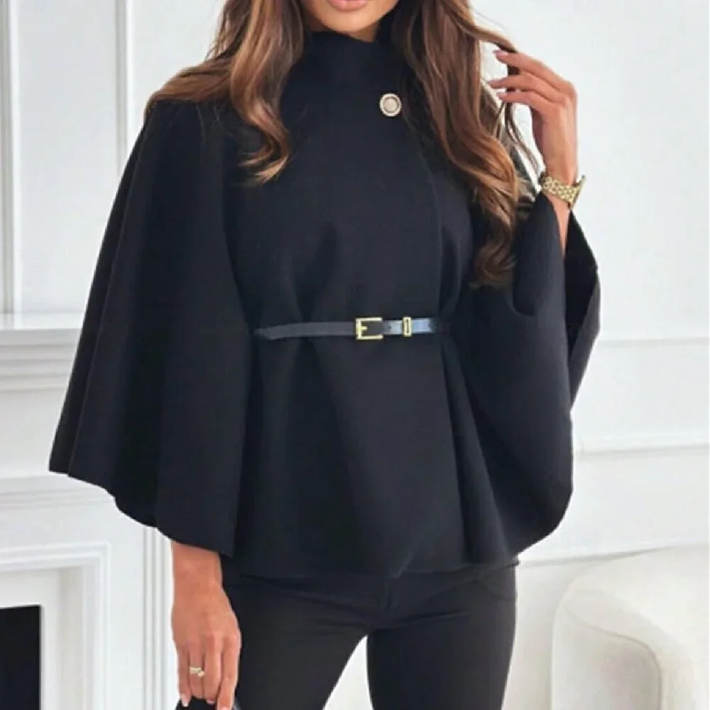 Black Casual Women's Elegant Stand Collar Loose fit belted Coat Jacket